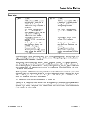 Page 91Features AAbbreviated Dialing
Description
 124i Available 384i Available
- 360 fixed bins available. Common
bins are 000-199. Group bins are
200-359. Each of the eight
Abbreviated Dialing Groups has 20
group bins.- 1990 bins available (0000-1990) for
Common and Group Abbreviated
Dialing. Up to 32 Abbreviated
Dialing Groups available.
- DSS Console Chaining requires
Base 2.13 and EXCPRU 2.18.
system software or higher. You can
only chain to stored Group
Abbreviated Dialing numbers.- DSS Console Chaining...