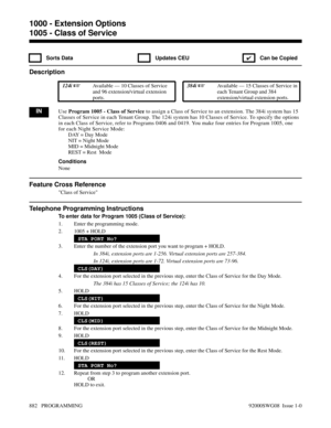 Page 9181005 - Class of Service
 Sorts Data  Updates CEU
✔  Can be Copied
Description
 124i Available — 10 Classes of Service
and 96 extension/virtual extension
ports. 384i Available — 15 Classes of Service in
each Tenant Group and 384
extension/virtual extension ports.
INUse Program 1005 - Class of Service to assign a Class of Service to an extension. The 384i system has 15
Classes of Service in each Tenant Group. The 124i system has 10 Classes of Service. To specify the options
in each Class of Service,...