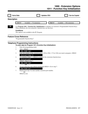 Page 9331011 - Function Key Initialization
  Sorts Data   Updates CEU   Can be Copied
Description
 124i Available — 72 extensions. 384i Available — 256 extensions
INUse Program 1011 - Function Key Initialization to initialize an extension’s Programmable Function Keys.
When initialized, all of an extension’s function keys are line keys.
Conditions
This option is not available in the PC Program.
Feature Cross Reference
Programmable Function Keys
Telephone Programming Instructions
To enter data for Program 1011...