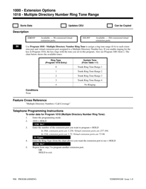 Page 9421018 - Multiple Directory Number Ring Tone Range
  Sorts Data   Updates CEU   Can be Copied
Description
 124i Available — 96 extension/virtual
extension ports. 384i Available — 384 extension/virtual
extension ports.
INUse Program 1018 - Multiple Directory Number Ring Tone to assign a ring tone range (0-4) to each exten-
sion port and virtual extension port assigned to a Multiple Directory Number key. If you enable ringing for the
key in Program 1016, the key rings with the tone you set in this program....