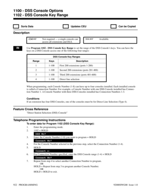 Page 9581102 - DSS Console Key Range
  Sorts Data   Updates CEU   Can be Copied
Description
 124i Not required — a single console can
access all extensions and DLS. 384i Available.
INUse Program 1102 - DSS Console Key Range to set the range of the DSS Console’s keys. You can have the
keys on a DSS Console access one of the following four ranges:
DSS Console Key Ranges
Range Keys Description
1 1-100 First 200 extensions (ports 1-200)
2 1-100 Second 200 extensions (ports 201-400)
3 1-100 Third 200 extensions...