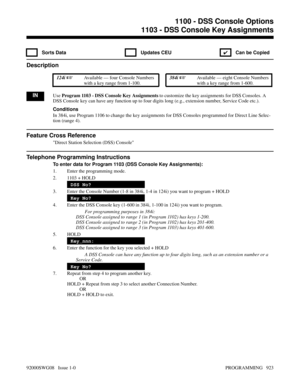 Page 9591103 - DSS Console Key Assignments
 Sorts Data  Updates CEU
✔  Can be Copied
Description
 124i Available — four Console Numbers
with a key range from 1-100. 384i Available — eight Console Numbers
with a key range from 1-600.
INUse Program 1103 - DSS Console Key Assignments to customize the key assignments for DSS Consoles. A
DSS Console key can have any function up to four digits long (e.g., extension number, Service Code etc.).
Conditions
In 384i, use Program 1106 to change the key assignments for DSS...