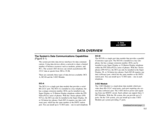 Page 1065. Data
and SMDR
5-2
DATA OVERVIEW
The System’s Data Communications Capabilities
(Figure 5-1)
The system provides data device interfaces for data communi-
cations. Using data devices allows a network to share a limited
number of business resources such as modems, printers, and
PCs. The systems DCI devices can switch asynchronous RS-
232-C data at speeds from 300 to 19.2K.
There are currently three types of data devices available: DCI-
A, DCI-B and the 3-DCI Module.
DCI-A
The DCI-A is a single port data...