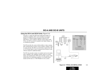 Page 1095. Data
and SMDR5-5
DCI-A AND DCI-B UNITS
Using the DCI-A and DCI-B Units (Figure 5-2)
The DCI is a single port DCE data module that installs in a
multibutton telephone. DCIs can be installed in any Super
Display or 32-Button Display telephone within the P/N
926xx/922xx series of phones. With the i-Series phones (P/N
927xx), the DCI can only be installed in the Super Display, 28-
or 34-button key phones. 
The DCI provides the system with the ability to share common
data communications resources such as...