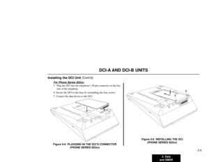 Page 1135. Data
and SMDR5-9
DCI-A AND DCI-B UNITS
Installing the DCI Unit (Cont’d)
For Phone Series 922xx:5. Plug the DCI into the telephone’s 20 pin connector on the bot-
tom of the telephone.
6. Secure the DCI to the base by reinstalling the four screws.
7. Connect the data device to the DCI.
Figure 5-8  PLUGGING IN THE DCI’S CONNECTOR
(PHONE SERIES 922xx)Figure 5-9  INSTALLING THE DCI
(PHONE SERIES 922xx)
92000 - 126
92000 - 125 