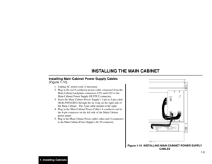 Page 1441. Installing Cabinets1-9
Installing Main Cabinet Power Supply Cables
(Figure 1-10)
1. Unplug AC power cord, if necessary.
2. Plug in the red 9-conductor power cable connected from the
Main Cabinet backplane connectors CN1 and CN2 to the
Main Cabinet Power Supply OUTPUT connector.
3. Insert the Main Cabinet Power Supplys 3-pin to 4-pin cable
(BLK,WHT,GRN) through the tie wrap on the right side of
the Main Cabinet.  The 3-pin cable installs to the right.
4. Plug in the Main Cabinet Power Cables...