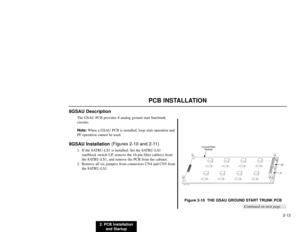 Page 1662. PCB Installation
and Startup2-13
PCB INSTALLATION
8GSAU Description
The GSAU PCB provides 8 analog ground start line/trunk
circuits.
Note:When a GSAU PCB is installed, loop start operation and
PF operation cannot be used.
8GSAU Installation(Figures 2-10 and 2-11)
1. If the 8ATRU-LS1 is installed: Set the 8ATRU-LS1
run/block switch UP, remove the 16-pin filter cable(s) from
the 8ATRU-LS1, and remove the PCB from the cabinet.
2. Remove all six jumpers from connectors CN4 and CN5 from
the 8ATRU-LS1....