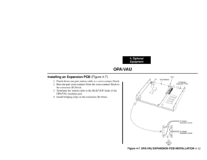 Page 2034. Optional
Equipment
4-12
OPA/VAU
Installing an Expansion PCB(Figure 4-7)
1. Punch down one-pair station cable to a cross-connect block.
2. Run one-pair cross-connect from the cross-connect block to
the extension (B) block.
3. Terminate the station cable to the BLK/YLW leads of the
OPA/VAU modular jack.
4. Install bridging clips on the extension (B) block.
Figure 4-7 OPA/VAU EXPANSION PCB INSTALLATION
625
Modular
Jack
BLK
YELRED GRN
920 - 166C
J3
VAU Module
To Digital
Extension Circuit
To Digital...