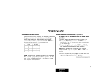 Page 2064. Optional
Equipment4-15
POWER FAILURE
Power Failure Description
The system allows 4 loop start lines per cabinet to be bridged to
designated extensions for basic telephone service during a
power failure. The power failure operation occurs during a
commercial power failure, and is not affected by PCB failure.
Refer to the chart below for PF cross-connections.
Note:An 8ATRU-LS1 equipped with an 8GSAU ground start
PCB cannot be equipped for power failure operation.  In addi-
tion, 4ATRU-EMI and 4ATRU-LD1...