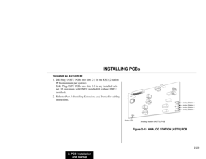 Page 362. PCB Installation
and Startup2-23
INSTALLING PCBs
To install an ASTU PCB:
1.28i:Plug 4ASTU PCBs into slots 2-5 in the KSU (2 station
PCBs maximum per system).
124i:Plug ASTU PCBs into slots 1-8 in any installed cabi-
net (15 maximum with DSTU installed/16 without DSTU
installed).
2. Refer toPart 3: Installing Extensions and Trunks for cabling
instructions.
Figure 2-15  ANALOG STATION (ASTU) PCB
Analog Station (ASTU) PCB
Status LEDAnalog Station 4
Analog Station 3
Analog Station 2
Analog Station 1
92001...