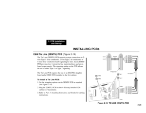 Page 41INSTALLING PCBs
2. PCB Installation
and Startup
2-28
E&M Tie Line (2EMTU) PCB(Figure 2-19)
The Tie Line (2EMTU) PCB supports system connections to 2-
wire Type 1 (four conductor), 2-wire Type 2 (6 conductor), or
4-wire (four conductor) E&M signaling tie lines. Each 2EMTU
PCB provides two 4-circuit tie line trunk interfaces and an on-
board power supply. The strapping option on the PCB allows
the use of either Type 1 or Type 2 signaling.
The Tie Line PCB requires the use of an EXCPRU daughter
board and a...