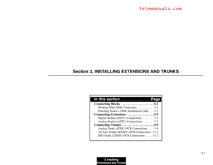Page 50In this section  . . . . . . . . . . . . . .PageConnecting Blocks  . . . . . . . . . . . . . . . . . . .3-2
Working With DDK Connectors . . . . . . . . . . . 3-2
Punching Down a DDK Installation Cable . . . 3-2
Connecting Extensions  . . . . . . . . . . . . . . . .3-5
Digital Station (DSTU) Connections. . . . . . . . 3-5
Analog Station (ASTU) Connections . . . . . . . 3-7
Connecting Trunks  . . . . . . . . . . . . . . . . . . .3-9
Analog Trunk (ATRU) PCB Connections . . . . 3-9
Tie Line Trunk (2EMTU) PCB...