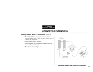 Page 573. Installing
Extensions and Trunks
3-8
CONNECTING EXTENSIONS
Analog Station (ASTU) Connections(Cont’d)
5. Back at the MDF, run one pair of cross-connect wire
between the pins on the B block and cross-connect block to
complete the connection.
6. Install bridging clips as required.
7. After completing step 6, you should be able to place and
answer calls at the extension.
8. Record your entries on Figure 3-4.
Figure 3-8  CONNECTING ANALOG TELEPHONES
625
Modular
Jack
25-Pair DDK
Installation Cable
BLK YEL...