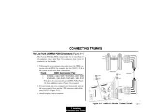 Page 603. Installing
Extensions and Trunks3-11CONNECTING TRUNKS
Tie Line Trunk (2EMTU) PCB Connections(Figure 3-11)
The Tie Line PCB has DDK connector for two 2-wire (Type 1)
(4-conductor), two 2-wire Type 2 (6 conductor), four 4-wire (4
conductor) tie line trunks.
1. Following the conventional color code, insert the DDK con-
nectors into the PCB. For example, the first 2EMTU PCB in
the system would have these connections:
Trunk DDK Connector Pair
1 WHT-BLU / BLU-WHT / WHT-ORN / ORN-WHT
2 WHT-GRN / GRN-WHT /...