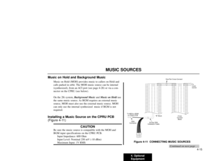 Page 774. Optional
Equipment4-15
MUSIC SOURCES
Music on Hold and Background Music
Music on Hold (MOH) provides music to callers on Hold and
calls parked in orbit. The MOH music source can be internal
(synthesized), from an ACI port (see page 4-28) or via a con-
nector on the CPRU (see below).
On the 28i system, Background Musicand Music on Holduse
the same music source. As BGM requires an external music
source, MOH must also use the external music source. MOH
can only use the internal synthesized  music if BGM...