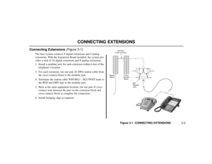 Page 263-2
CONNECTING EXTENSIONS
Connecting Extensions (Figure 3-1)
The base system connects 8 digital extensions and 4 analog
extensions. With the Expansion Board installed, the system pro-
vides a total of 16 digital extensions and 8 analog extensions.
1. Install a modular jack for each extension within 6 feet of the
telephone’s location.
3. For each extension, run one-pair 24 AWG station cable from
the cross-connect block to the modular jack.
4. Terminate the station cable WHT/BLU - BLU/WHT leads to
the RED...