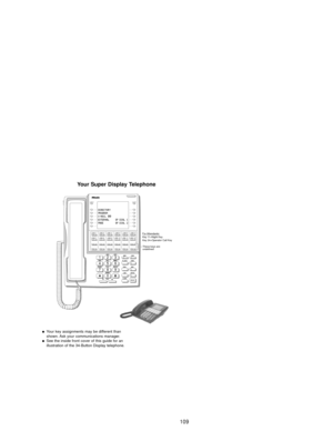 Page 115109
Your Super Display Telephone
123
456
789
0
ABC DEF
MW ICM
FLASH DND
DIAL MIC
LND SPKR
CONF
HOLD GHI JKL MNO
PQRS TUV
OPER
VOLWXYZ
80000 - 65CHECKCLEAR
LINE 1      LINE 2      LINE 3       LINE 4      LINE 5      LINE 6
LINE 7      LINE 8
These keys are
undefined
LINE 9 LINE 10 LINE 11 LINE 12For Attendants:
Key 11=Night Key
Key 24=Operator Call Key
Your key assignments may be different than
shown. Ask your communications manager.
See the inside front cover of this guide for an
illustration of the...