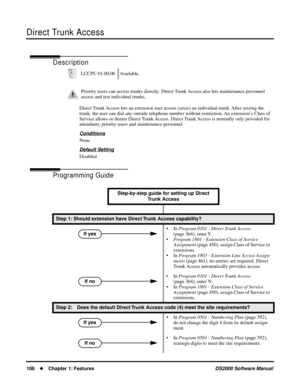 Page 114Direct Trunk Access
106Chapter 1: FeaturesDS2000 Software Manual
Direct Trunk  Access
Description
Direct Trunk Access lets an extension user access (seize) an individual trunk. After seizing the 
trunk, the user can dial any outside telephone number without restriction. An extension’s Class of 
Service allows or denies Direct Trunk Access. Direct Trunk Access is normally only provided for 
attendants, priority users and maintenance personnel.
Conditions
None
Default Setting
Disabled
Programming Guide...