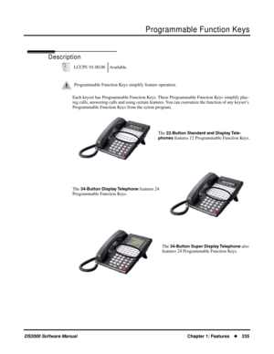 Page 243Programmable Function Keys
DS2000 Software ManualChapter 1: Features235
Programmable Function Keys
Description
Each keyset has Programmable Function Keys. These Programmable Function Keys simplify plac-
ing calls, answering calls and using certain features. You can customize the function of any keyset’s 
Programmable Function Keys from the sytem program.
The 
22-Button Standard and Display Tele-
phones
 features 12 Programmable Function Keys.
The 
34-Button Display Telephone features 24 
Programmable...