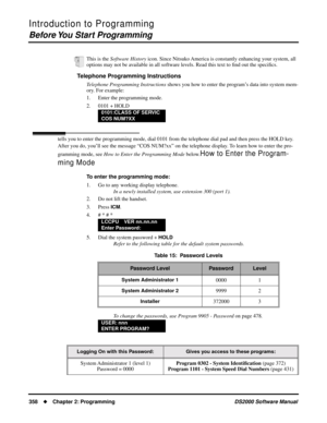 Page 366Introduction to Programming
Before You Start Programming
358Chapter 2: ProgrammingDS2000 Software Manual
Telephone Programming Instructions
Telephone Programming Instructions shows you how to enter the program’s data into system mem-
ory. For example:
1. Enter the programming mode.
2. 0101 + HOLD
tells you to enter the programming mode, dial 0101 from the telephone dial pad and then press the HOLD key. 
After you do, you’ll see the message “COS NUM?xx” on the telephone display. To learn how to enter the...