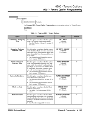 Page 3750200 - Tenant Options
0201 - Tenant Option Programming
DS2000 Software Manual Chapter 2: Programming367
0200 - Tenant Options
0201 - Tenant Option Programming
Description
Use Program 0201- Tenant Option Programming to set up various options for Tenant Groups. 
Conditions
NoneLCCPU 01.00.00 Available.
Table 19:  Program 0201 - Tenant Options
OptionDescriptionEntriesDefault
Call Waiting  (Camp-On) 
Tone
Use this option to enable or disable system 
wide Call Waiting Tones (double beeps).
• See Call Waiting...