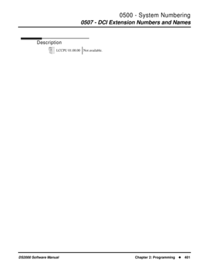 Page 4090500 - System Numbering
0507 - DCI Extension Numbers and Names
DS2000 Software Manual Chapter 2: Programming401
0507 - DCI Extension Numbers and Names
Description
LCCPU 01.00.00 Not available. 
