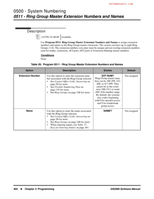 Page 4120500 - System Numbering
0511 - Ring Group Master Extension Numbers and Names
404Chapter 2: ProgrammingDS2000 Software Manual
0511 - Ring Group Master Extension Numbers and Names
Description
Use Program 0511- Ring Group Master Extension Numbers and Names to assign extension 
numbers and names to the Ring Group master extensions. The system can have up to eight Ring 
Groups (1-8). The extension numbers you enter must be unique and not overlap extension numbers 
used for trunks, extensions, ACI ports, DCI...