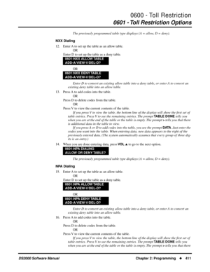 Page 4190600 - Toll Restriction
0601 - Toll Restriction Options
DS2000 Software Manual Chapter 2: Programming411
The previously programmed table type displays (A = allow, D = deny).
NXX Dialing
12. Enter A to set up the table as an allow table.
OR
Enter D to set up the table as a deny table.
OR
Enter D to convert an existing allow table into a deny table, or enter A to convert an 
existing deny table into an allow table.
13. Press A to add codes into the table.
OR
Press D to delete codes from the table.
OR...