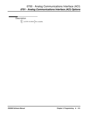Page 4210700 - Analog Communications Interface (ACI)
0701 - Analog Communications Interface (ACI) Options
DS2000 Software Manual Chapter 2: Programming413
0700 - Analog Communications Interface (ACI)
0701 - Analog Communications Interface (ACI) Options
Description
LCCPU 01.00.00 Not available. 