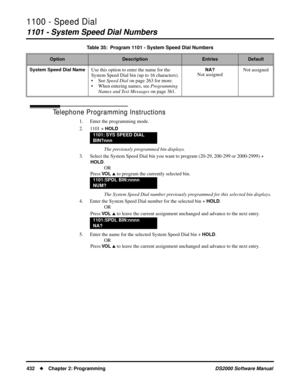 Page 4401100 - Speed Dial
1101 - System Speed Dial Numbers
432Chapter 2: ProgrammingDS2000 Software Manual
Telephone Programming Instructions
1. Enter the programming mode.
2. 1101 + 
HOLD
The previously programmed bin displays.
3. Select the System Speed Dial bin you want to program (20-29, 200-299 or 2000-2999) + 
HOLD.
OR
Press 
VO L  to program the currently selected bin.
The System Speed Dial number previously programmed for this selected bin displays.
4. Enter the System Speed Dial number for the...