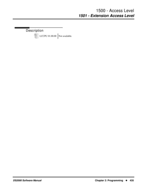 Page 4431500 - Access Level
1501 - Extension Access Level
DS2000 Software Manual Chapter 2: Programming435
1500 - Access Level
1501 - Extension Access Level
Description
LCCPU 01.00.00 Not available. 