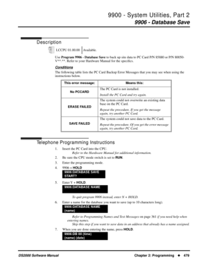 Page 4879900 - System Utilities, Part 2
9906 - Database Save
DS2000 Software Manual Chapter 2: Programming479
9906 - Database Save
Description
Use Program 9906 - Database Save to back up site data to PC Card P/N 85880 or P/N 80050-
V**.**. Refer to your Hardware Manual for the speciﬁcs.
Conditions
The following table lists the PC Card Backup Error Messages that you may see when using the 
instructions below.
Telephone Programming Instructions
1. Insert the PC Card into the CPU.
Refer to the Hardware Manual for...