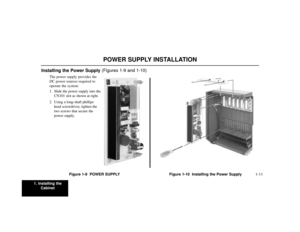 Page 5111. Installing the
Cabinet
1-11
Installing the Power Supply (Figures 1-9 and 1-10)
The power supply provides the
DC power sources required to
operate the system:
1. Slide the power supply into the
CN101 slot as shown at right.
2. Using a long-shaft phillips
head screwdriver, tighten the
two screws that secure the
power supply.
Figure 1-9  POWER SUPPLY
Figure 1-10  Installing the Power Supply
80000 - 29
POWER SUPPLY INSTALLATION 