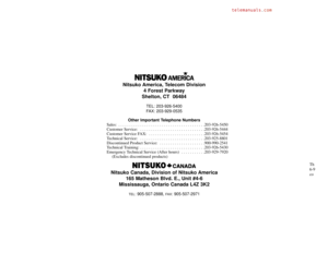 Page 577Nitsuko America, Telecom Division
4 Forest Parkway
Shelton, CT  06484
TEL: 203-926-5400
FAX: 203-929-0535
Other Important Telephone Numbers
Sales:  . . . . . . . . . . . . . . . . . . . . . . . . . . . . . . . . . . . . . . . .203-926-5450
Customer Service:  . . . . . . . . . . . . . . . . . . . . . . . . . . . . . .203-926-5444
Customer Service FAX:  . . . . . . . . . . . . . . . . . . . . . . . . . .203-926-5454
Technical Service:  . . . . . . . . . . . . . . . . . . . . . . . . . . . . ....