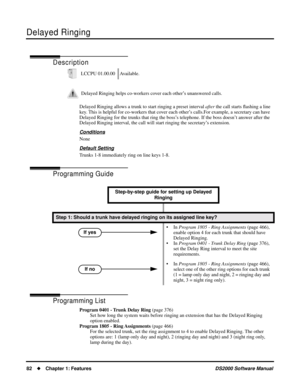 Page 90Delayed Ringing
82Chapter 1: FeaturesDS2000 Software Manual
Delayed Ringing
Description
Delayed Ringing allows a trunk to start ringing a preset interval after the call starts ﬂashing a line 
key. This is helpful for co-workers that cover each other’s calls.For example, a secretary can have 
Delayed Ringing for the trunks that ring the boss’s telephone. If the boss doesn’t answer after the 
Delayed Ringing interval, the call will start ringing the secretary’s extension.
Conditions
None
Default Setting...