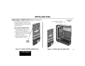 Page 292. PCB Installation
2-7
INSTALLING PCBs
Digital Station (16DSTU) PCB(Figures 2-6 and 2-7)
The 16DSTU provides connection for
16 digital telephones. Refer to Section
3, Installing Extensions and Trunksfor
wiring instructions.To install the 16DSTU PCB:
1. Plug the 16DSTU PCB for exten-
sions 300-315 into slot CN1.
2. Plug in additional 16DSTU PCBs as
required. See System Configuration
in Section 1 for more.
3. Set the mode switch on each
installed 16DSTU to RUN.
Figure 2-6  DIGITAL STATION (16DSTU) PCB...