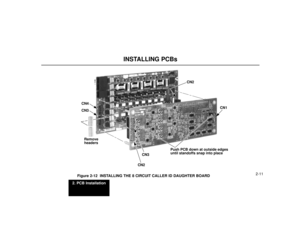 Page 332. PCB Installation
2-11
INSTALLING PCBs
CN2
CN1
CN2 CN3
Remove
headers
Push PCB down at outside edges
until standoffs snap into place
CN4
CN3
80013 - 1
Figure 2-12  INSTALLING THE 8 CIRCUIT CALLER ID DAUGHTER BOARD 