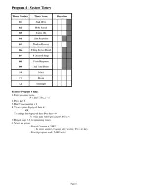 Page 14Program 4 - System Timers
Timer Number Timer Name Duration
01Park Orbit
02Hold Recall
03Camp-On
04Line Response
05Modem Reserve
06# Ring Before Recall
07# Delayed Rings
08Flash Response
09Dial Tone Detect
10Make
11Break
12Interdigit
To enter Program 4 data:
1. Enter program mode.
# + dial 775312 + #.
2. Press key 4.
3. Dial Timer number + #.
4. To accept the displayed data: #.
OR
    To change the displayed data: Dial data + #.
To erase data before pressing #: Press *.
5. Repeat steps 3-4 for remaining...