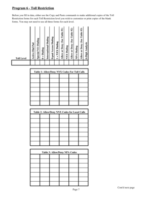 Page 16Program 6 - Toll Restriction
Before you fill in data, either use the Copy and Paste commands to make additional copies of the Toll
Restriction forms for each Toll Restriction level you wish to customize or print copies of the blank
forms. You may not need to use all three forms for each level.
Toll Level
 Active Dial Pad
 Special N11 Dialing
 0 + Dialing
 International Dialing
 Equal Access Dialing
 1 + NXX Dialing
 Allow or Deny (See Table #1)
 NXX Dialing
 Allow or Deny (See Table #2)
 NPA Dialing...