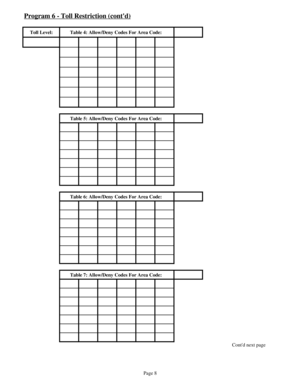 Page 17Program 6 - Toll Restriction (contd)
Toll Level: Table 4: Allow/Deny Codes For Area Code:
Table 5: Allow/Deny Codes For Area Code:
Table 6: Allow/Deny Codes For Area Code:
Table 7: Allow/Deny Codes For Area Code:
Contd next page
Page 8 