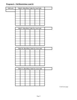 Page 18Program 6 - Toll Restriction (contd)
Toll Level: Table 8: Allow/Deny Codes For Area Code:
Table 9: Allow/Deny Codes For Area Code:
Table 10: Allow/Deny Codes For Area Code:
Table 11: Allow/Deny Codes For Area Code:
Contd next page
Page 9 