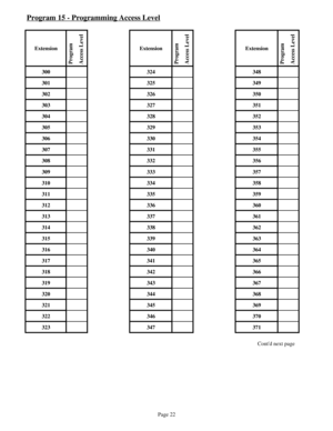 Page 31Program 15 - Programming Access Level
Extension
 Program
 Access Level
Extension
 Program
 Access Level
Extension
 Program
 Access Level
300 324 348
301 325 349
302 326 350
303 327 351
304 328 352
305 329 353
306 330 354
307 331 355
308 332 356
309 333 357
310 334 358
311 335 359
312 336 360
313 337 361
314 338 362
315 339 363
316 340 364
317 341 365
318 342 366
319 343 367
320 344 368
321 345 369
322 346 370
323 347 371
Contd next page
Page 22 