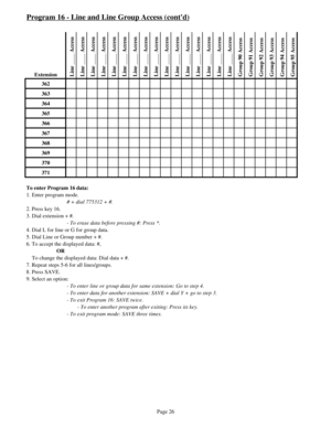 Page 35Program 16 - Line and Line Group Access (contd)
Extension Line ____ Access
 Line ____ Access
 Line ____ Access
 Line ____ Access
 Line ____ Access
 Line ____ Access
 Line ____ Access
 Line ____ Access
 Line ____ Access
 Line ____ Access
 Line ____ Access
 Line ____ Access
 Line ____ Access
 Line ____ Access
 Line ____ Access
 Line ____ Access
 Group 90 Access
 Group 91 Access
 Group 92 Access
 Group 93 Access
 Group 94 Access
 Group 95 Access
362
363
364
365
366
367
368
369
370
371
To enter Program 16...