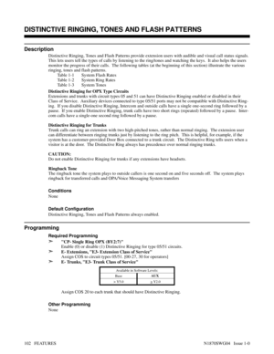 Page 113DISTINCTIVE RINGING, TONES AND FLASH PATTERNS
Description
Distinctive Ringing, Tones and Flash Patterns provide extension users with audible and visual call status signals.
This lets users tell the types of calls by listening to the ring/tones and watching the keys.  It also helps the users
monitor the progress of their calls.  The following tables (at the beginning of this section) illustrate the various
ringing, tones and flash patterns.
Ta b l e  1 - 1
Ta b l e  1 - 2
Ta b l e  1 - 3System Flash...