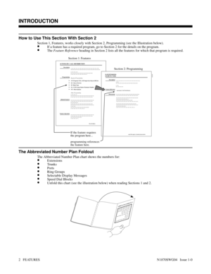 Page 13How to Use This Section With Section 2
Section 1, Features, works closely with Section 2, Programming (see the Illustration below).
•If a feature has a required program, go to Section 2 for the details on the program.
•The Feature Reference heading in Section 2 lists all the features for which that program is required.
The Abbreviated Number Plan Foldout
The Abbreviated Number Plan chart shows the numbers for:
•Extensions
•Trunks
•Ports
•Ring Groups
•Selectable Display Messages
•Speed Dial Blocks
•Unfold...