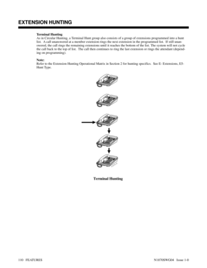 Page 121Terminal Hunting
As in Circular Hunting, a Terminal Hunt group also consists of a group of extensions programmed into a hunt
list.  A call unanswered at a member extension rings the next extension in the programmed list.  If still unan-
swered, the call rings the remaining extensions until it reaches the bottom of the list. The system will not cycle
the call back to the top of list.  The call then continues to ring the last extension or rings the attendant (depend-
ing on programming).
Note:
Refer to the...