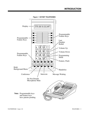 Page 14Figure 1  KEYSET TELEPHONES 
FRI 08/18 03:34P
HOLD MIC/DNDICM
CONFMSG
01870L2
123
456
789
0
*#
ABC DEF
GHIJKL MNO
PRSTUVWXYDIAL
LAST
VOL
UP
SAVE
VOL
DN
FTR PGM
HF
Handsfree
Message WaitingFeature, Flash Programming
Mode Volume Down Volume Up Last
Number
Redial
Do Not Disturb,
Microphone Mute
Conference Hold,
Background MusicProgrammable
Feature Keys Programmable
Feature KeysDisplay
Programmable
Feature Keys
Intercom
FRI 08/18 03:34P
11 12 13 14
15 16
1
2
3
4
56
7
8
9
10
Note:Programmable keys
and feature...