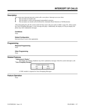 Page 148INTERCEPT OF CALLS
Description
The system may intercept (prevent) certain calls a user places. Intercept can occur when:
•The user dials an invalid code
•The user places a call to an unassigned (uninstalled) extension
•The user places an outside call not allowed by Automatic Route Selection or Toll Restriction
After intercepting the call, the system sends fast busy tone to the user (refer to Table 3, page 10).  If the system
has Voice Prompting Messages, a voice message also plays. Additionally, the...