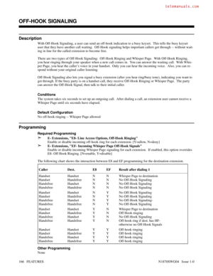 Page 177OFF-HOOK SIGNALING
Description
With Off-Hook Signaling, a user can send an off-hook indication to a busy keyset.  This tells the busy keyset
user that they have another call waiting.  Off-Hook signaling helps important callers get through -- without wait-
ing in line for the called extension to become free.
There are two types of Off-Hook Signaling:  Off-Hook Ringing and Whisper Page.  With Off-Hook Ringing,
you hear ringing through your speaker when a new call comes in.  You can answer the waiting call....