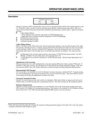 Page 194OPERATOR ASSISTANCE (OPA)
Description
Available in Software Levels:
BaseAUX 
N/A
> 02.10
Operator Assistance (OPA) automatically answers calls on designated trunks and provides dialing options to call-
ers.  With OPA, callers can dial extensions and hunt groups directly, without human intervention.  OPA saves
system users call processing time and provides immediate call answering to outside callers.  Operator Assistance
provides:
•Caller Dialing Options
-  Direct dialing to any extension, ring group or...